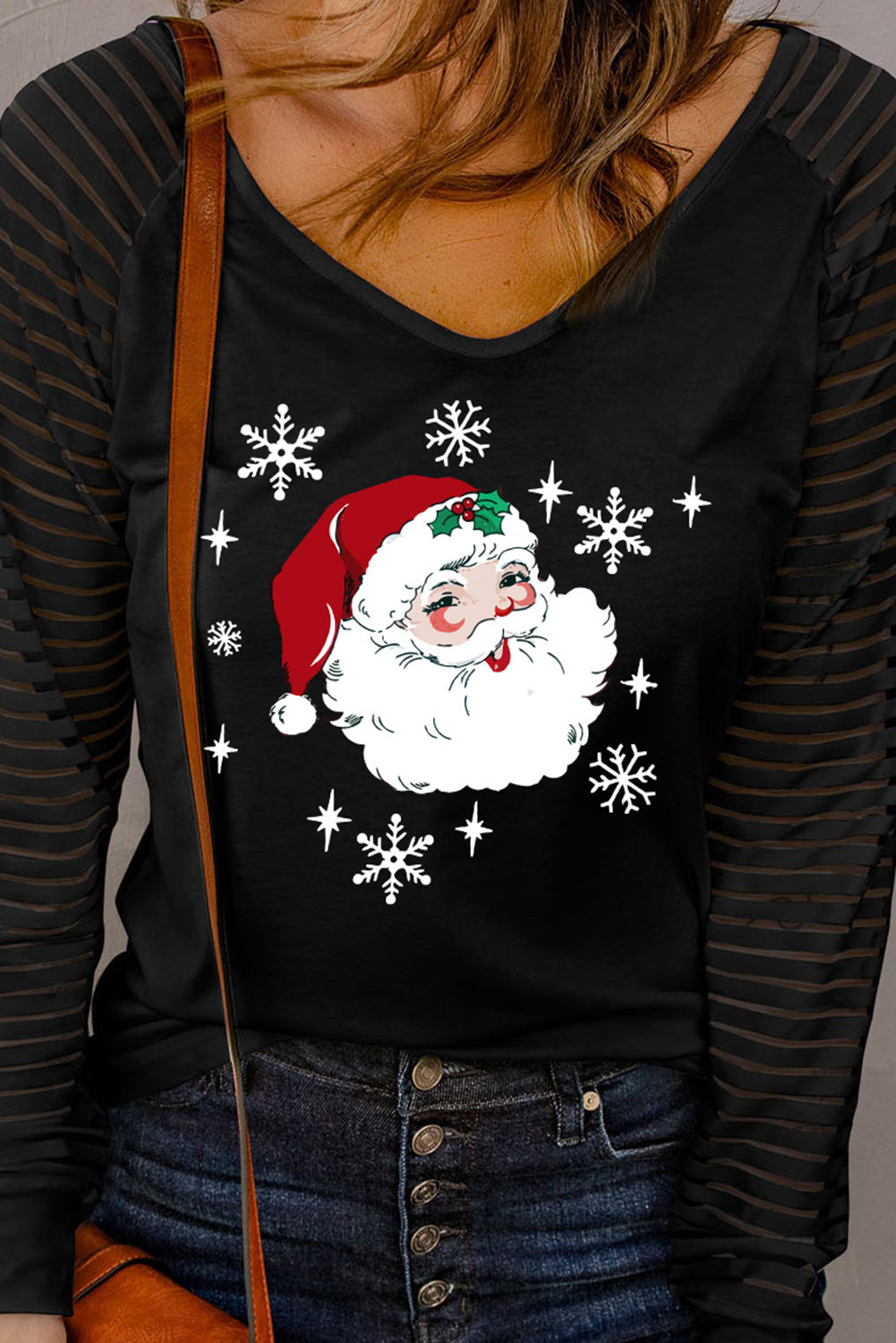 Santa Graphic Striped Long Sleeve T-Shirt-Jewearrings