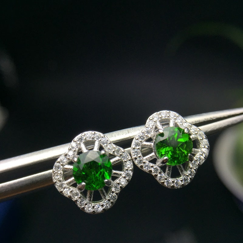 925 Silver Inlaid Diopside Emerald Stud Earrings-Jewearrings