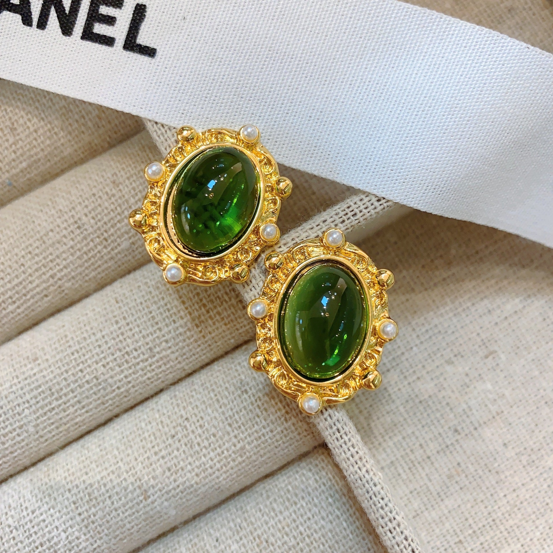 Vintage Ornament Gold Plated Grandmother Gemstone Green Glaze Earrings-Jewearrings