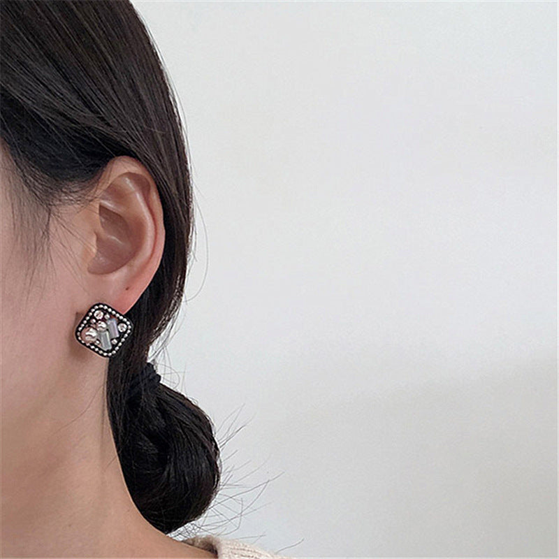 Korean Retro Court Style Rhinestone Square Geometric Stud Earrings-Jewearrings