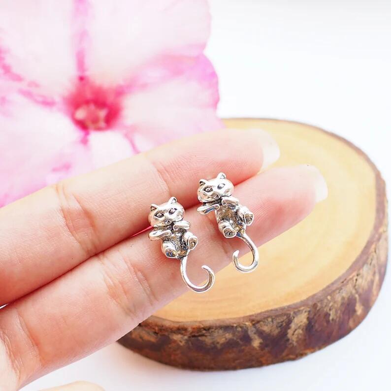 Frog Earrings Vintage Silver Cat Earrings-Jewearrings