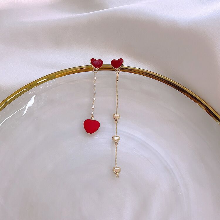 925 Silver Post Sweet Little Red Heart Earrings Asymmetric-Jewearrings