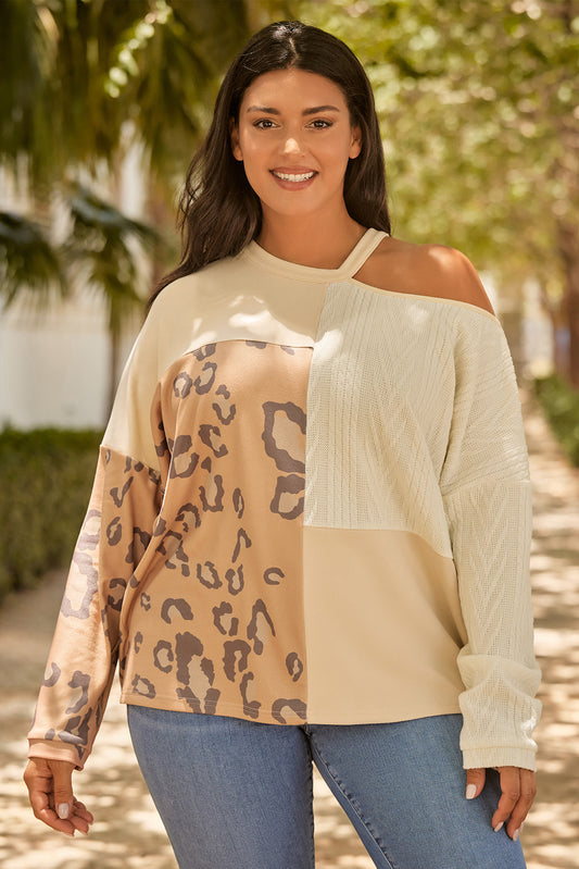 Plus Size Leopard Color Block Long Sleeve T-Shirt-Jewearrings