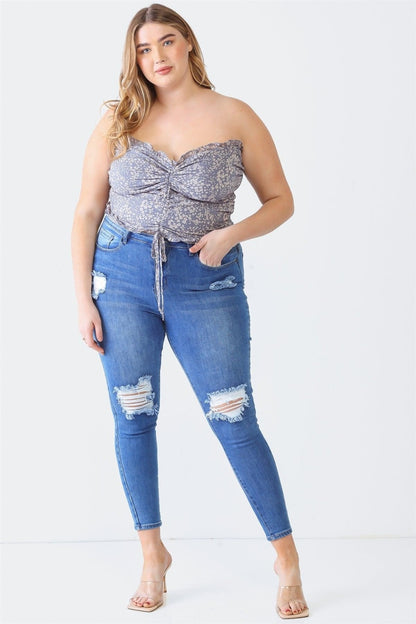 Zenobia Plus Size Drawstring Smocked Floral Tube Top-Jewearrings