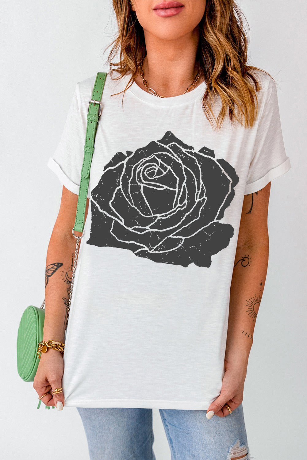 Rose Graphic Round Neck Short Sleeve T-Shirt-Jewearrings