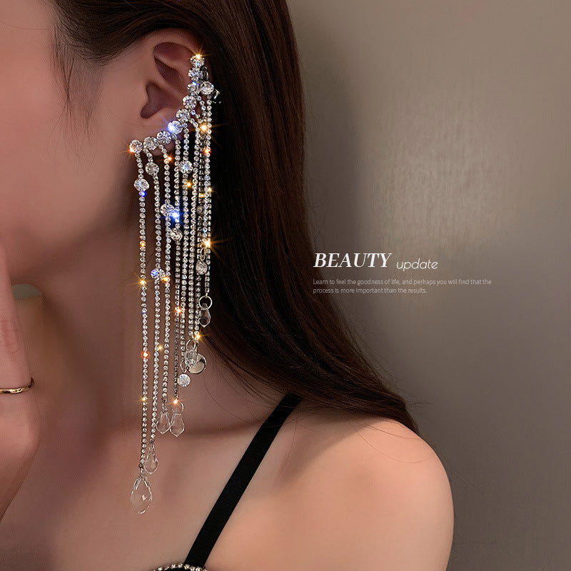 Silver Pin With Diamonds And Crystal Tassel Asymmetric Earrings Exaggerated-Jewearrings