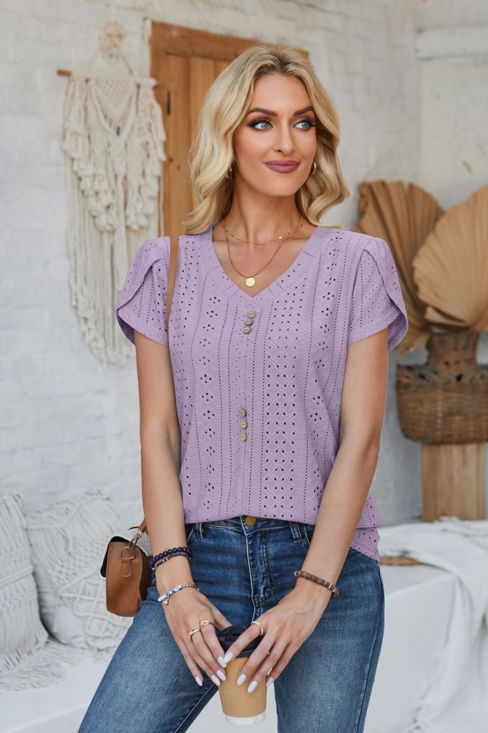 Decorative Button Eyelet V-Neck Short Sleeve T-Shirt-Jewearrings