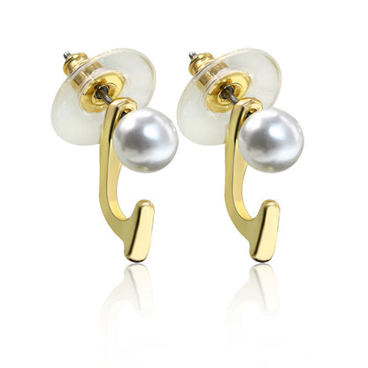 Pearl Carabiner Stud Earrings Back Hanging Gold-Jewearrings