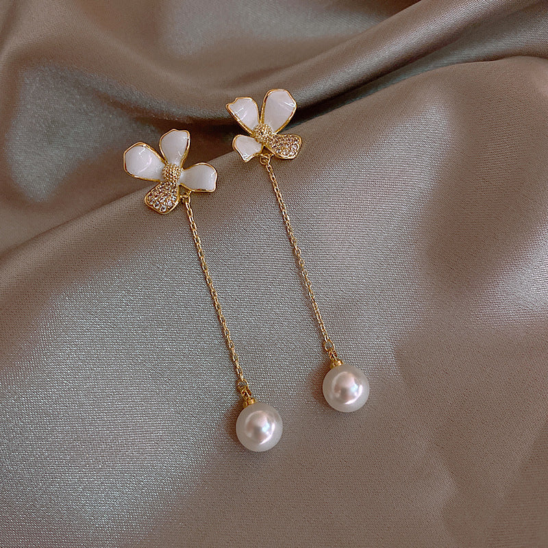 White Petal Tassel Pearl Earrings Temperament Female-Jewearrings