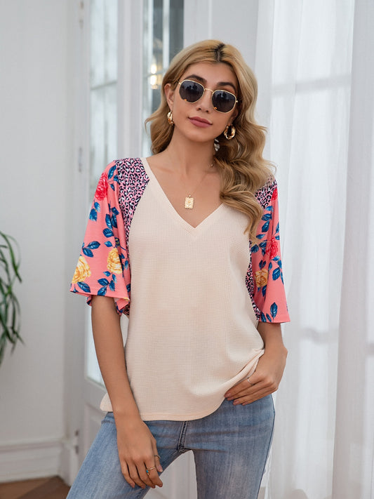 Printed V-Neck Waffle-Knit T-Shirt-Jewearrings