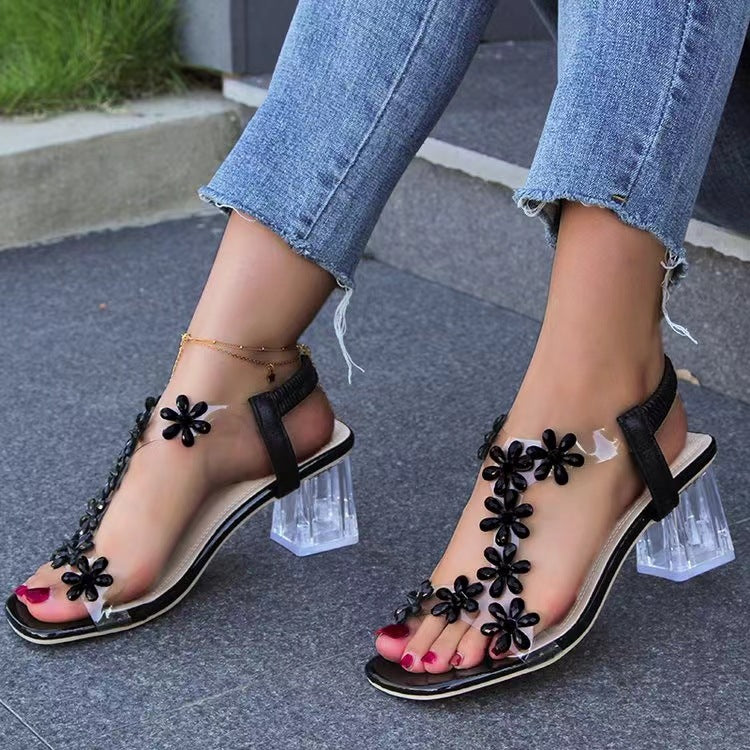 Flower Open Toe Block Heel Sandals-Jewearrings