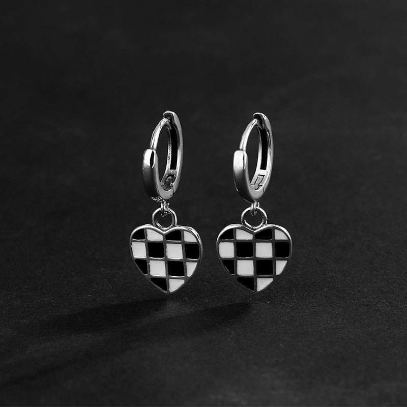 All Over 925 Sterling Silver Heart Chessboard Latch Earrings Black And White Oil Drop Process Earrings-Jewearrings