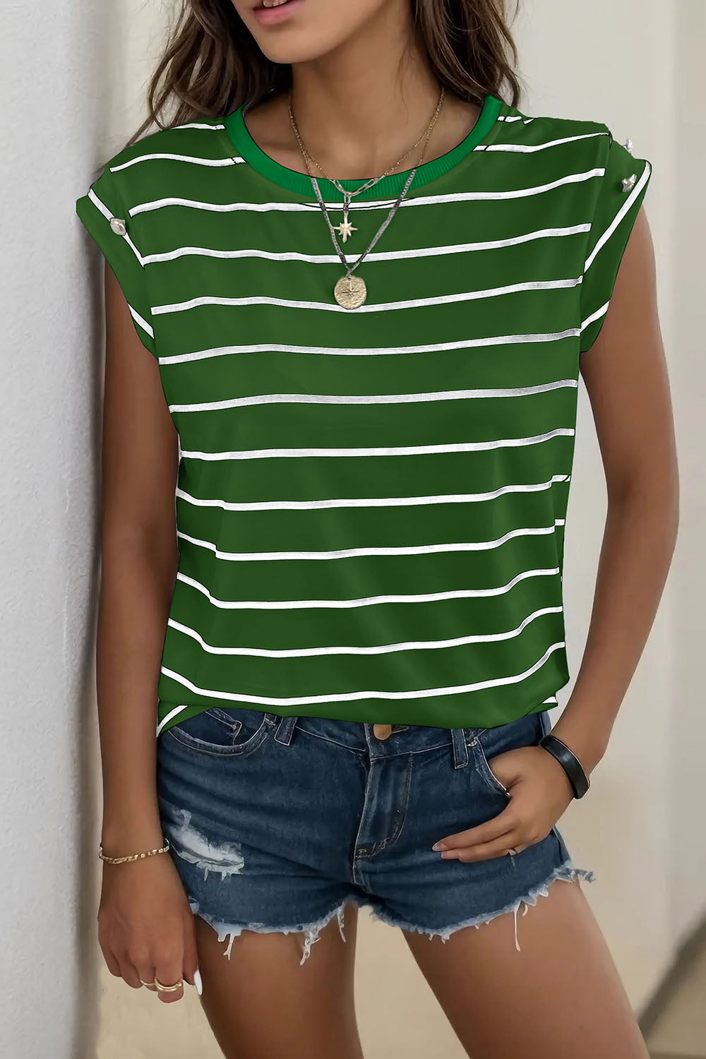 Decorative Button Round Neck T-Shirt-Jewearrings