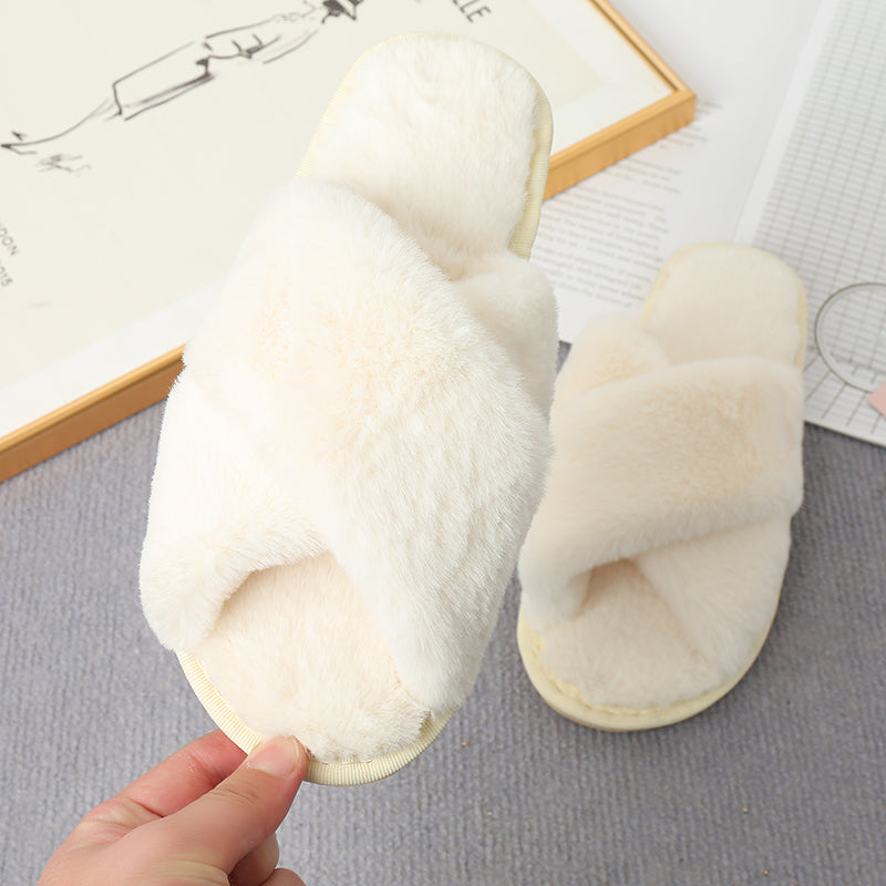 Faux Fur Crisscross Strap Slippers-Jewearrings