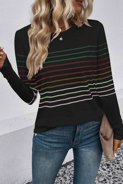 Striped Round Neck Long Sleeve T-Shirt-Jewearrings