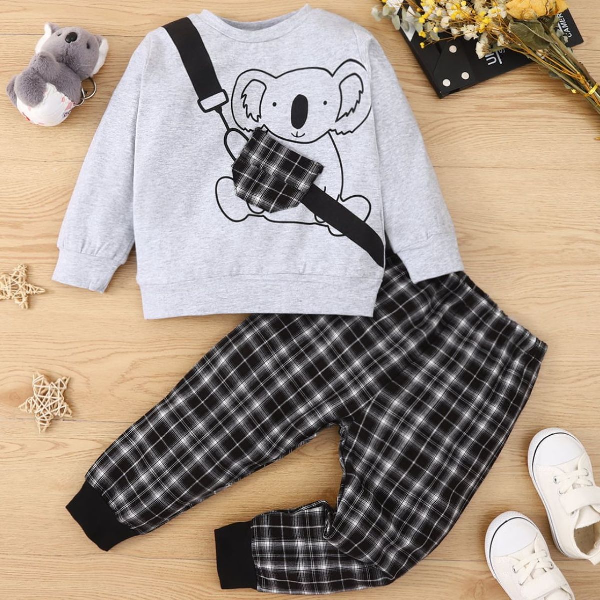 Kids Animal Graphic Sweatshirt and Plaid Joggers Set-Jewearrings