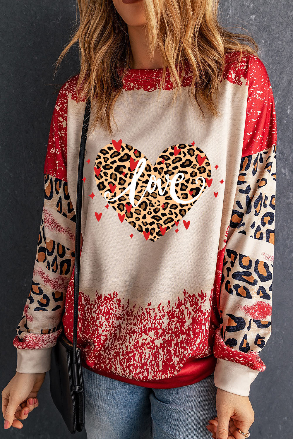 LOVE Heart Leopard Round Neck Sweatshirt-Jewearrings