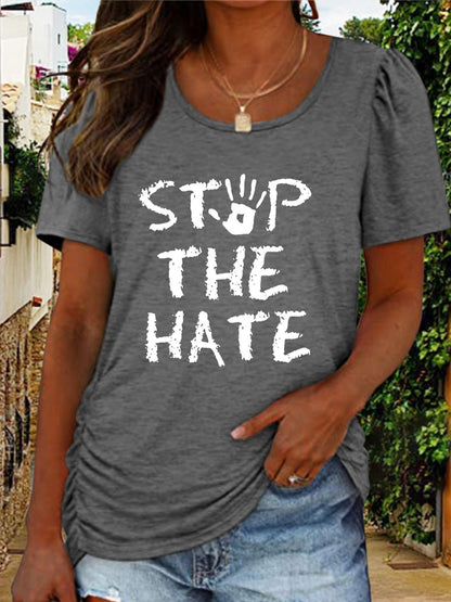 Round Neck Short Sleeve STOP THE HATE Graphic T-Shirt-Jewearrings