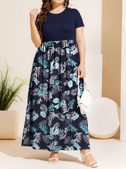 Plus Size Printed Round Neck Short Sleeve Maxi Dress-Jewearrings