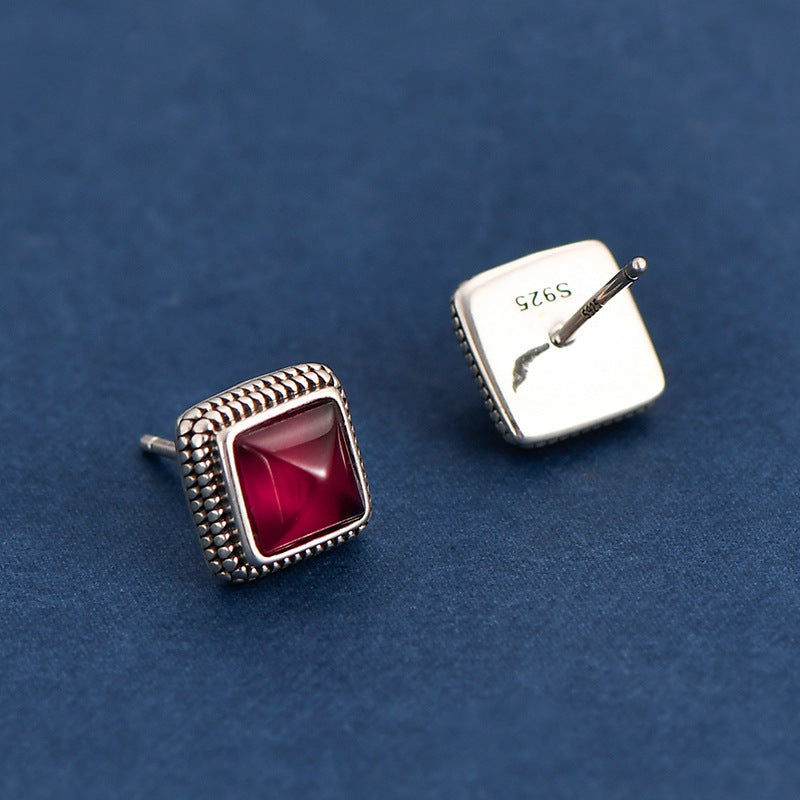 S925 Silver Vintage Court Style Simple Geometric Square Ruby Stud Earrings-Jewearrings