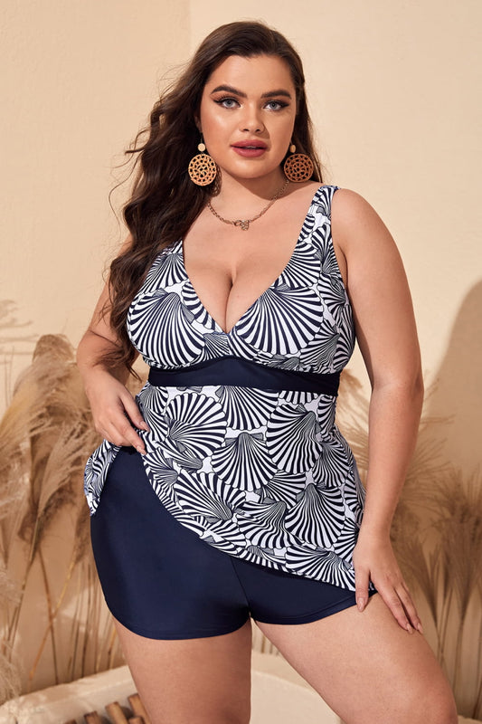 Plus Size Printed Sleeveless Top and Shorts Swim Set-Jewearrings