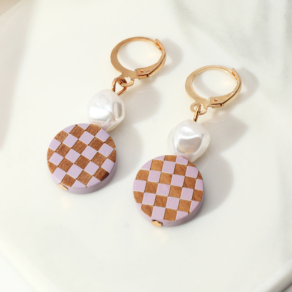 Round Checkered Earrings Temperament Pearl Earrings-Jewearrings