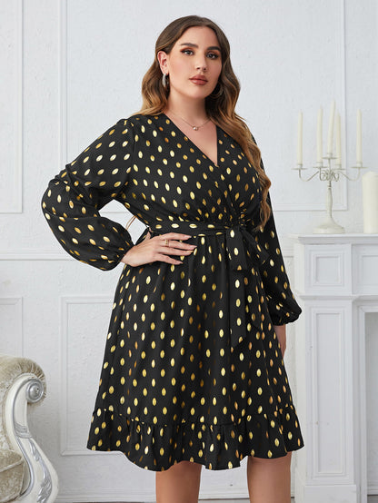 Plus Size Printed Surplice Neck Knee-Length Dress-Jewearrings