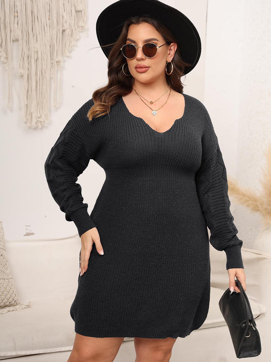 Plus Size Dropped Shoulder Long Sleeve Knit Mini Dress-Jewearrings