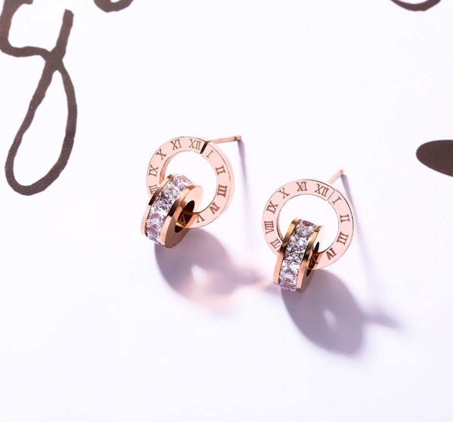 Stainless Steel Rose Gold Double Ring Stud Earrings-Jewearrings