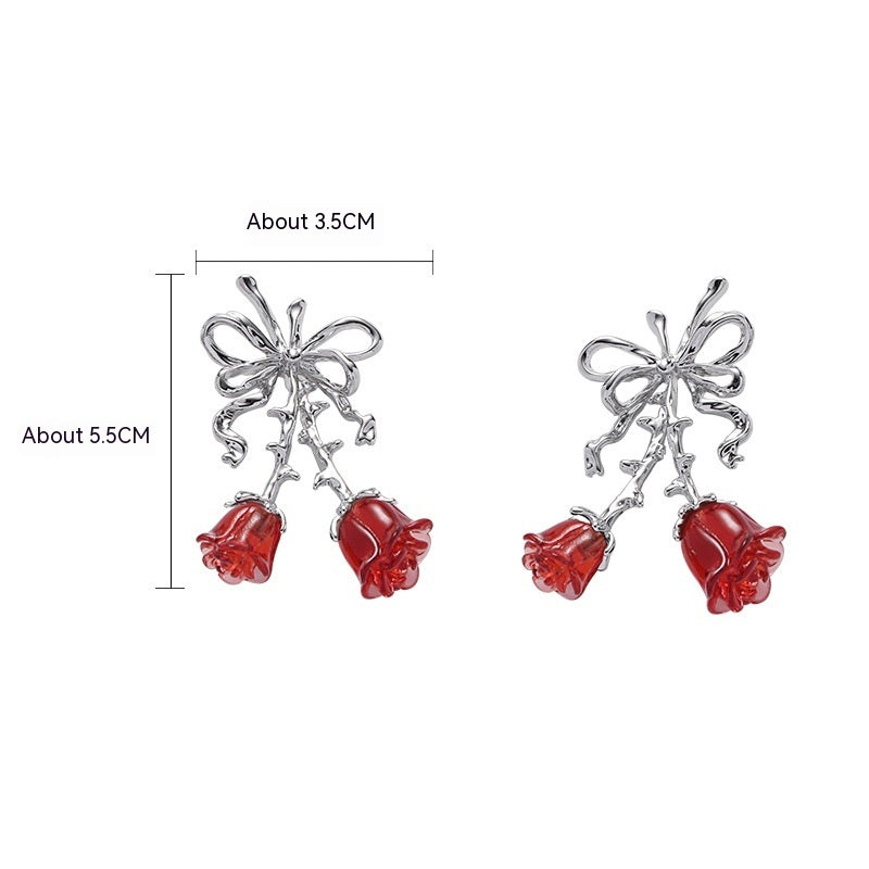 Red Rose Bow Earrings For Women-Jewearrings