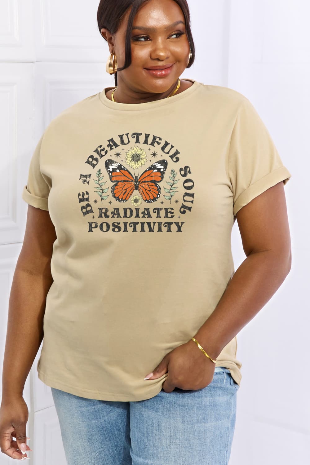 Simply Love Full Size BE A BEAUTIFUL SOUL RADIATE POSITIVITY Graphic Cotton Tee-Jewearrings