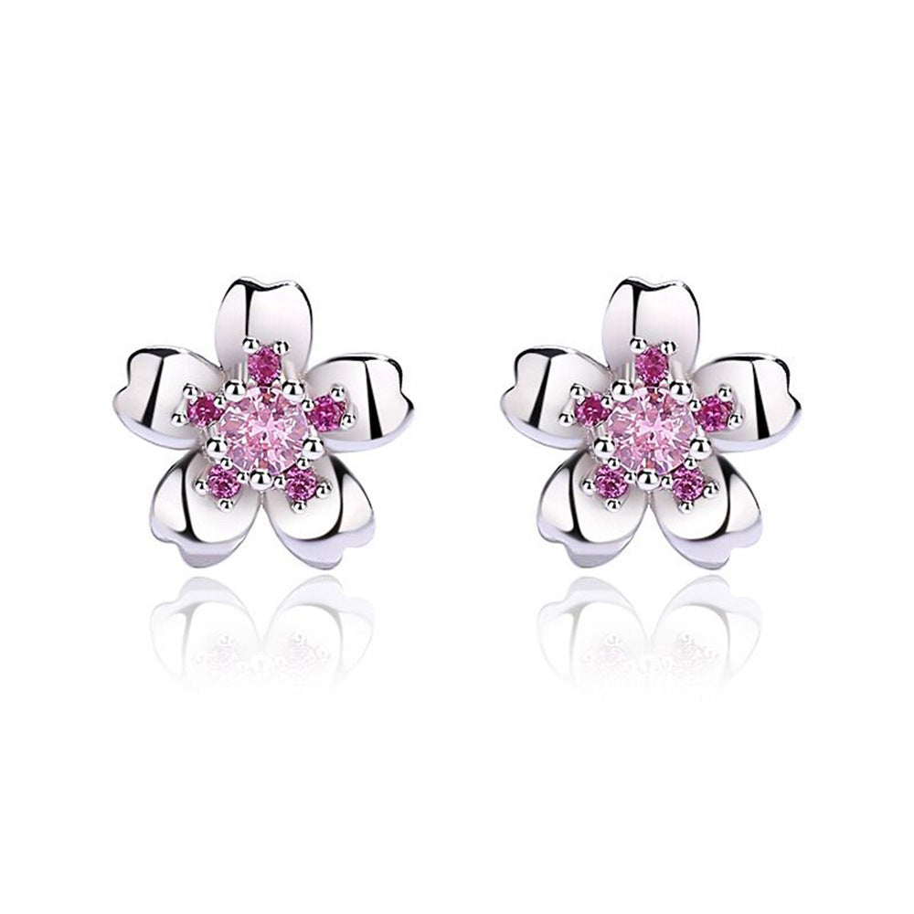 Sterling Silver Cherry Blossom Stud Earrings Niche Design Fashion-Jewearrings