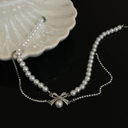 Women's Bow Stitching Pearl Necklace-Jewearrings