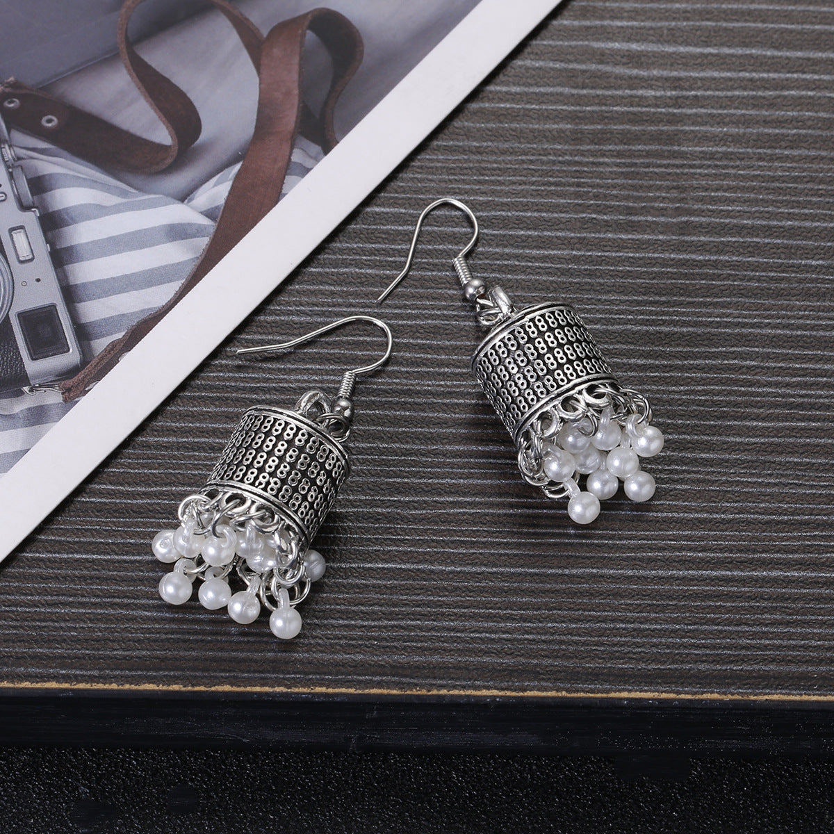 Retro Style Silver Pearl Bell Earrings Tassel-Jewearrings