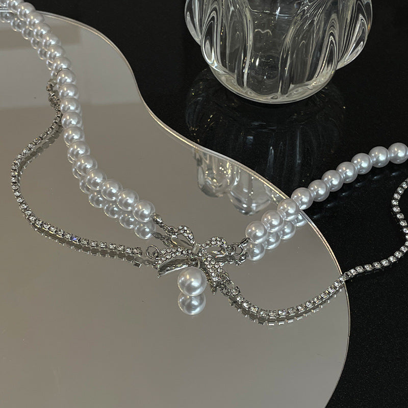 Women's Bow Stitching Pearl Necklace-Jewearrings