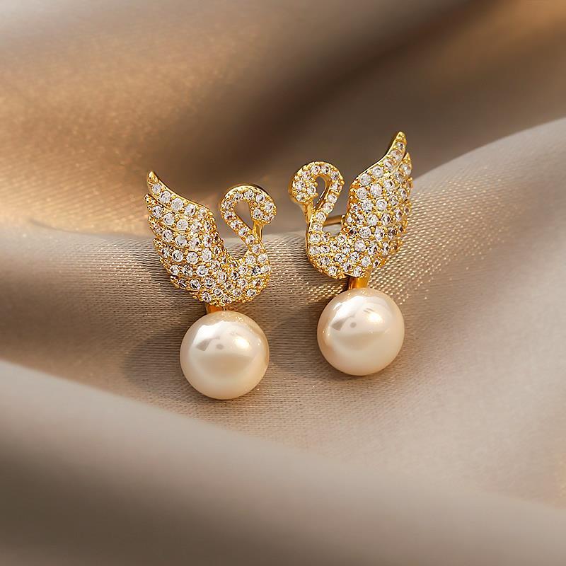 Sterling Silver Needle Korean Swan Zircon Pearl Stud Earrings-Jewearrings