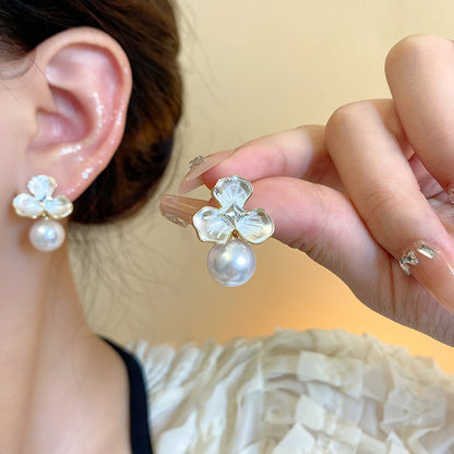 Silver Needle Light Luxury Minority Pearl Flower Earrings Women-Jewearrings