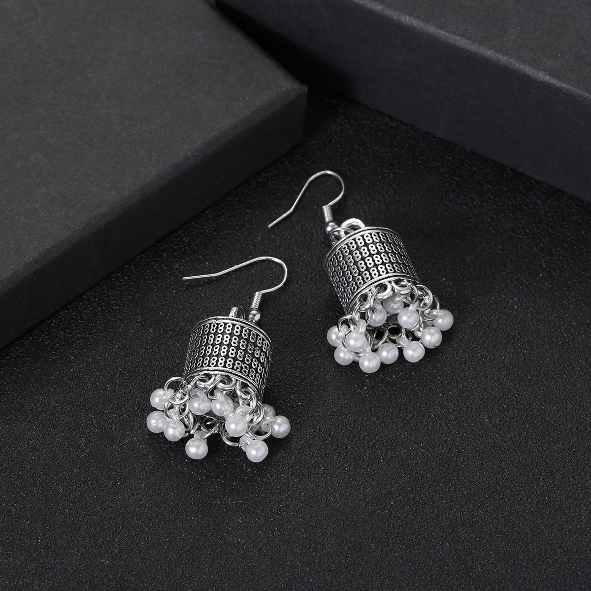 Retro Style Silver Pearl Bell Earrings Tassel-Jewearrings