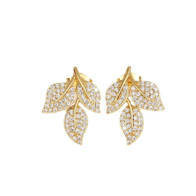 Rhinestone Leaf-shapepd Stud Earrings Women's Trendy Exquisite-Jewearrings