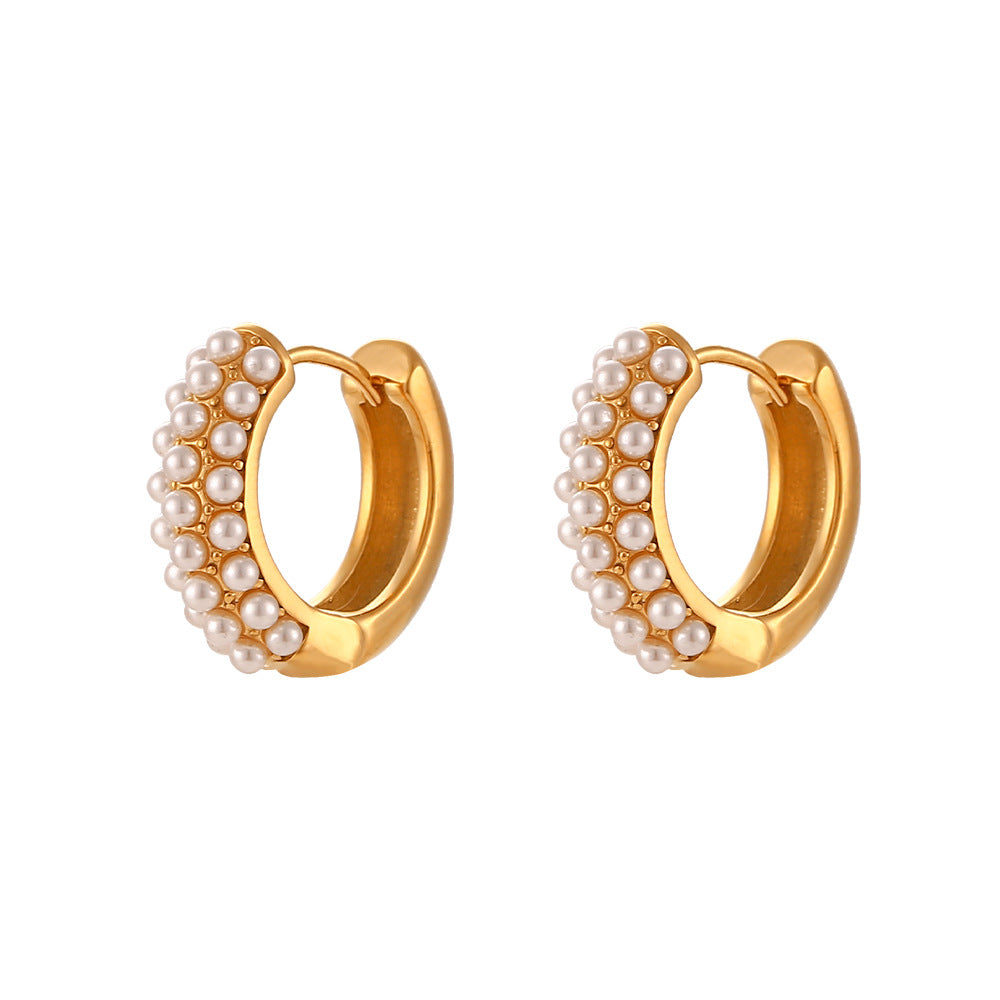 Women's Fashion Simple Stainless Steel Gold Pearl Earrings-Jewearrings