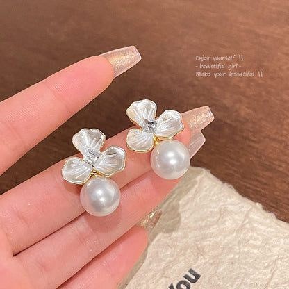 Silver Needle Light Luxury Minority Pearl Flower Earrings Women-Jewearrings