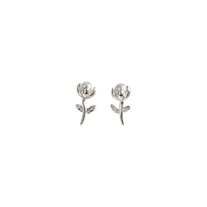 Women's Sterling Silver Pearl Leaf Stud Earrings-Jewearrings