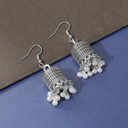 Retro Style Silver Pearl Bell Earrings Tassel-Jewearrings