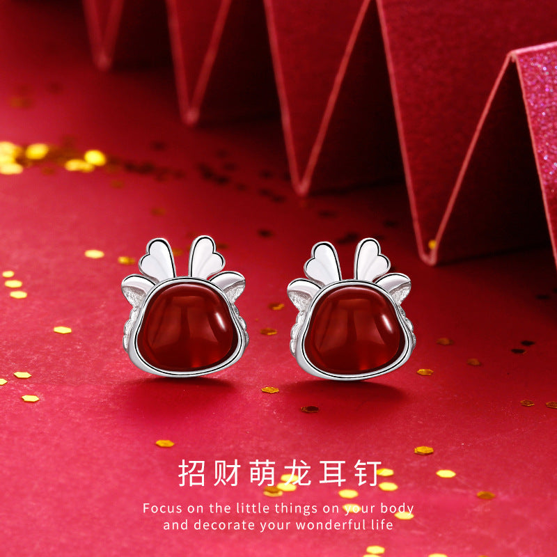 Sterling Silver Cute Dragon Girl National Fashion Red Agate Earrings-Jewearrings