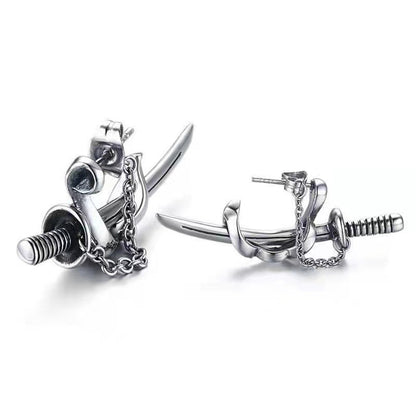 Trendy Fashion Hip Hop Punk Men's Cross Sword Chain Stud Earrings-Jewearrings