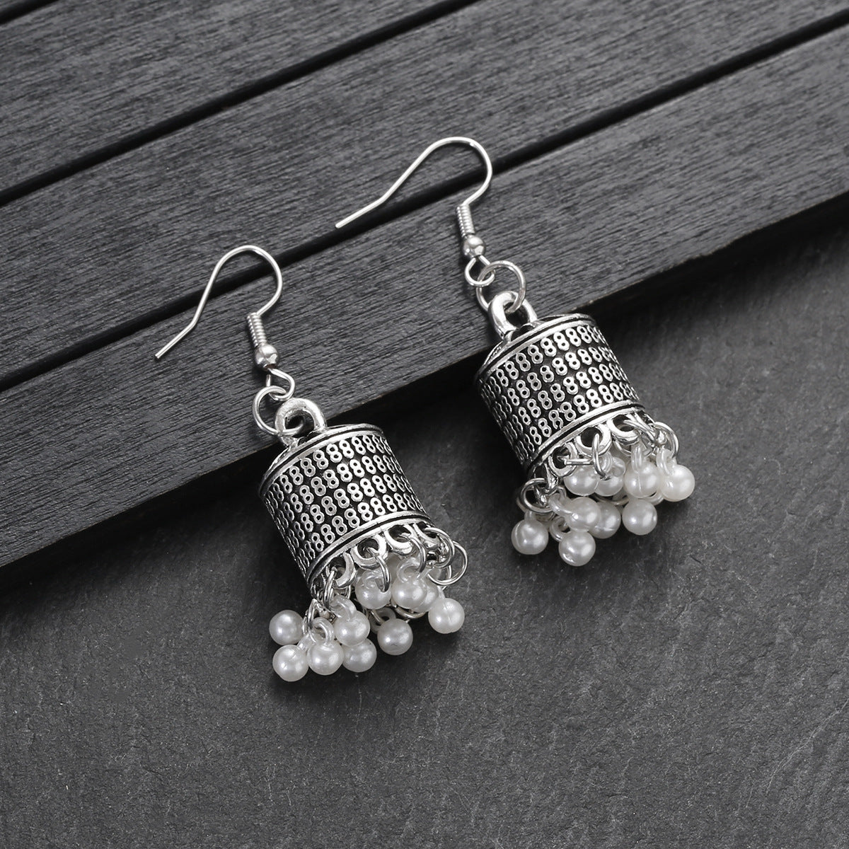 Retro Style Silver Pearl Bell Earrings Tassel-Jewearrings