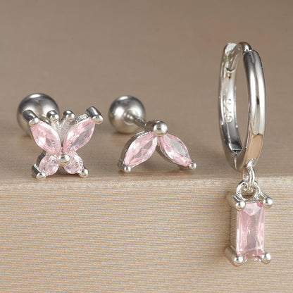 Geometric Butterfly Zircon Square Stud Earrings 3PCs-Jewearrings