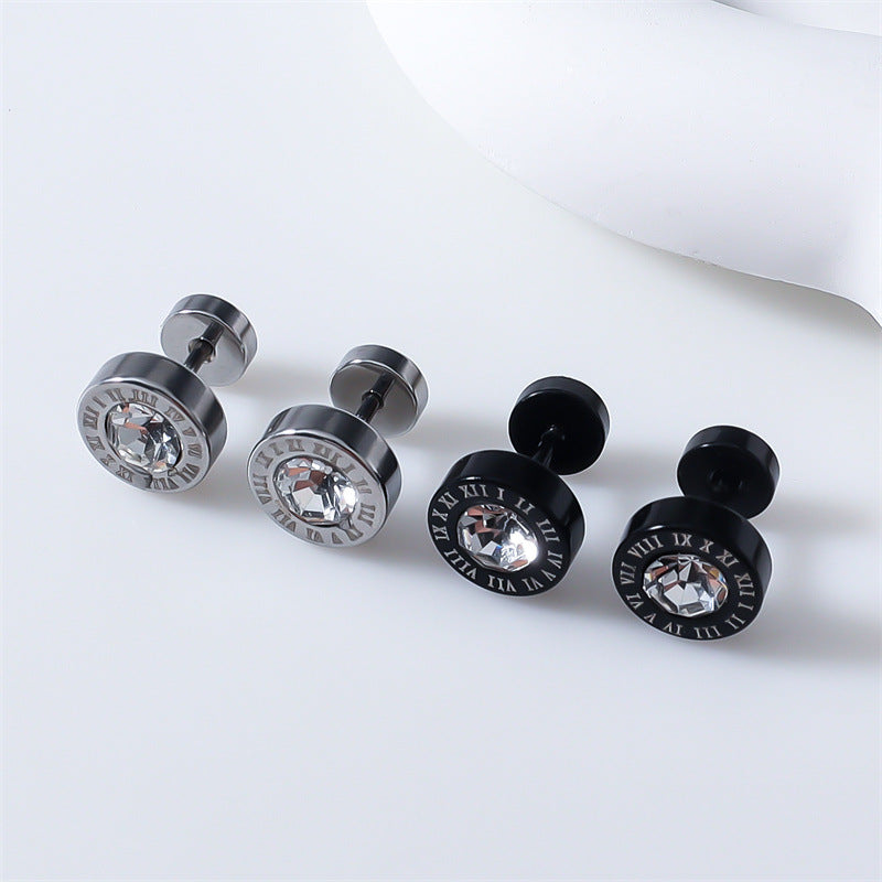 Fashion Geometry Pattern Shape Stud Earrings Stainless Steel Round Small Dumbbell Ear Clip Roman Numerals-Jewearrings