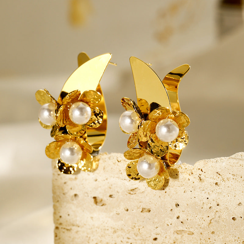 Stainless Steel Flower Pearl Stud Earrings Electroplating-Jewearrings