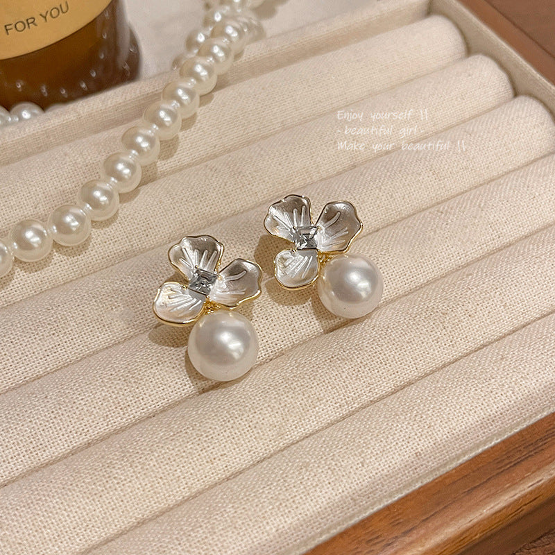 Silver Needle Light Luxury Minority Pearl Flower Earrings Women-Jewearrings